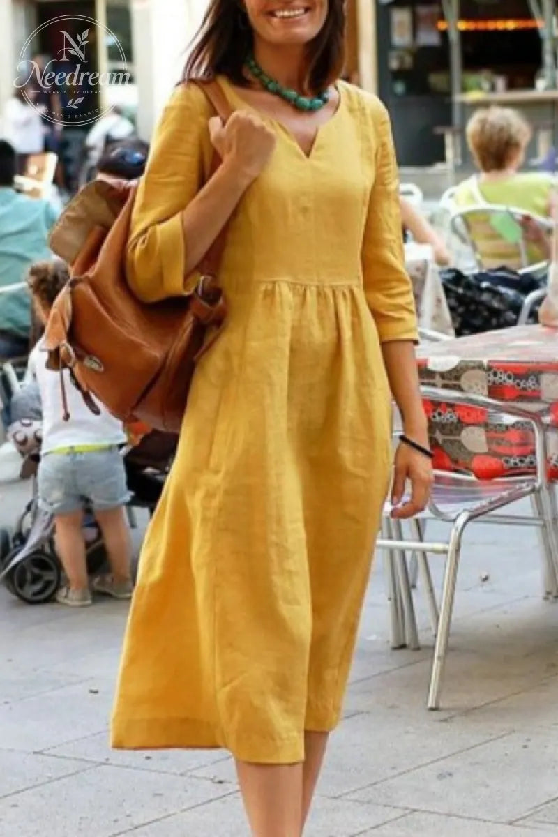 V-Neck Casual Dress, Three-Quarter Sleeves, With Pockets