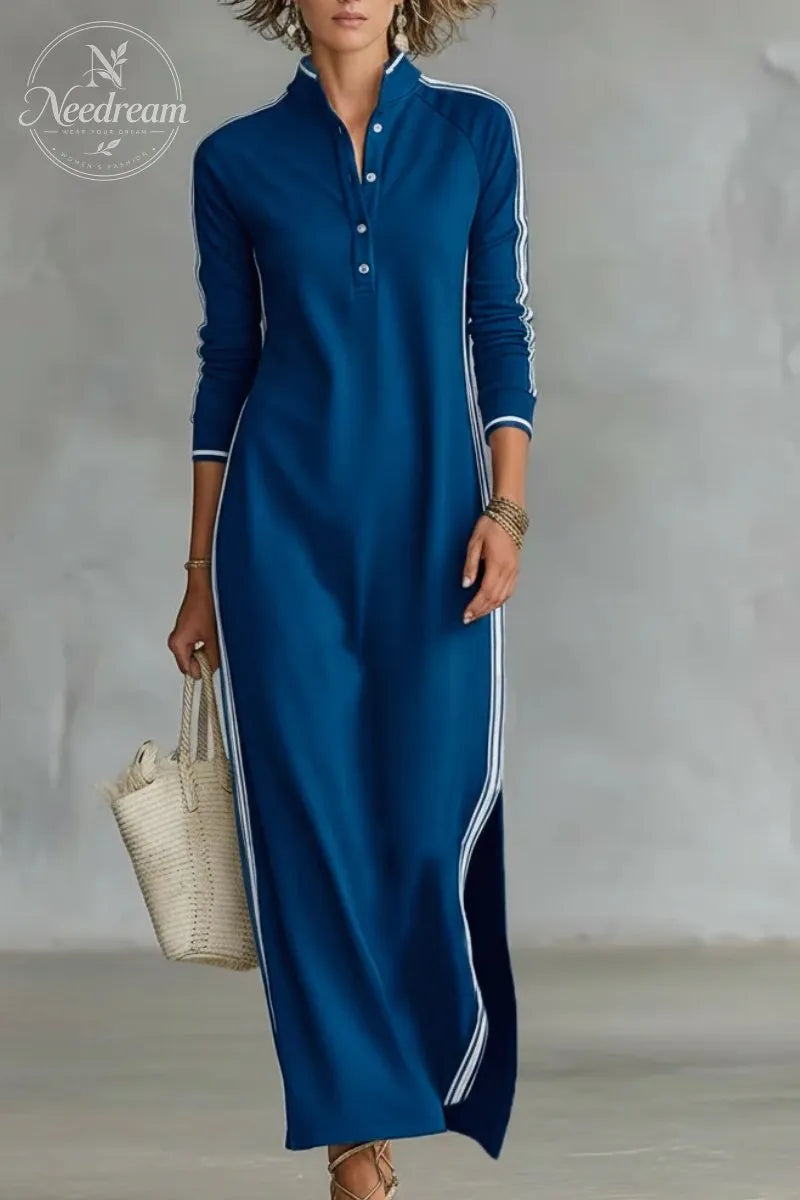 Women's Minimalist White-trimmed Button-down Collar Sweatshirt Dress Maxi Dress