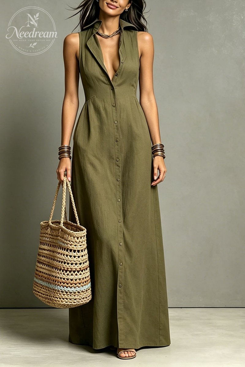 Women'S Minimalist Linen-Blend Collared Single-Breasted Sleeveless Maxi Shirt Dress