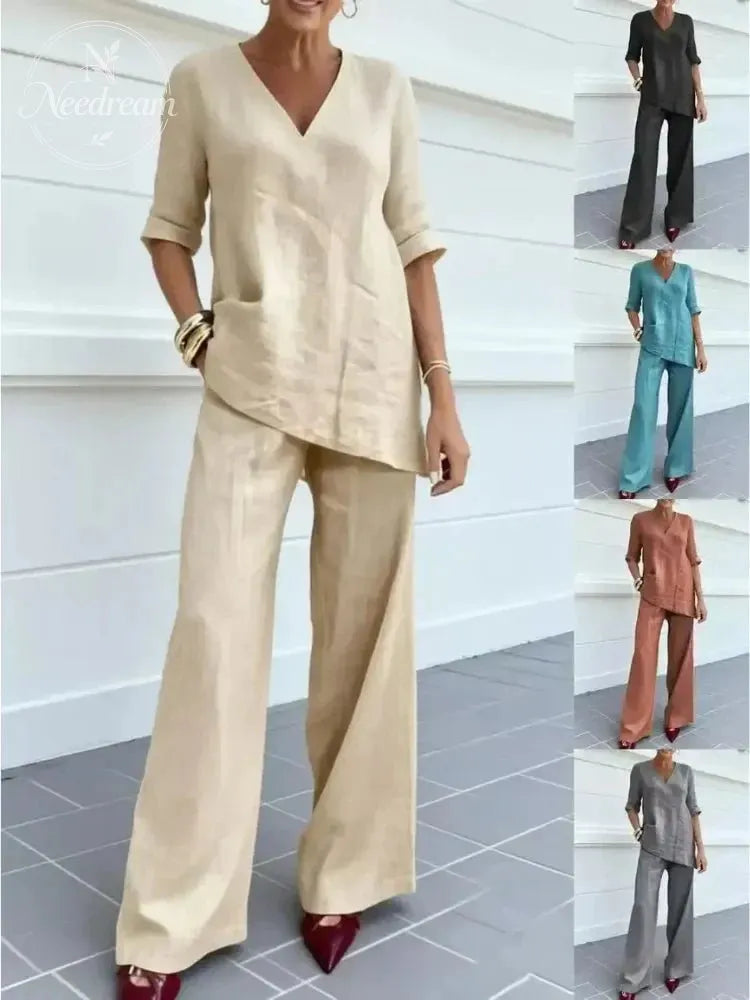 Two-Piece Set Of Short-Sleeved Top And Straight-Leg Pants