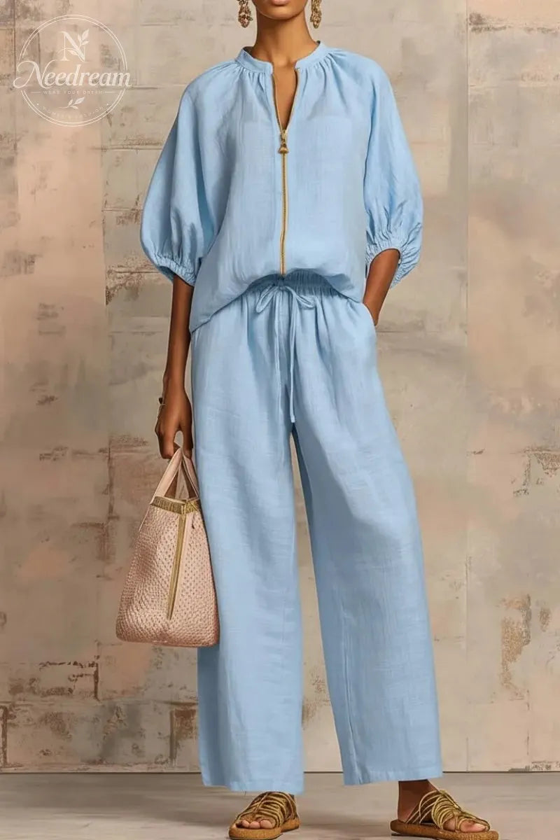 New Arrivals🔥 Stylish Cozy Zipper Shirt & Wide-Leg Pants Linen Cotton Two-Piece Set