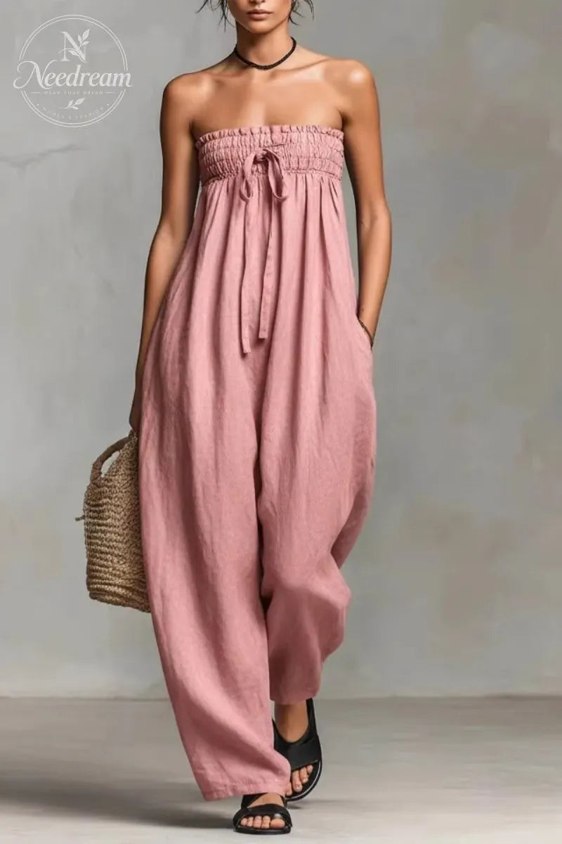 Women's Minimalist Loose-fitting Linen Blend Strapless Jumpsuit With Tie Closure