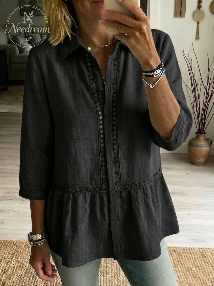Women’s Casual Patchwork Openwork Webbing Linen And Cotton Shirt
