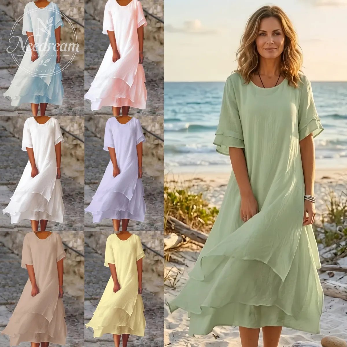 Women'S Round Neck Irregular Hem Midi Dress
