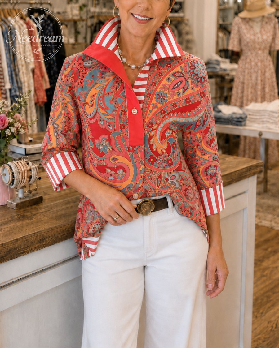 Retro Paisley Print Striped Collar Three Quater Sleeve Blouse