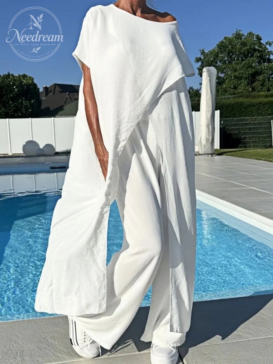 🌸Solid Color Off-Shoulder Top & Pants Set