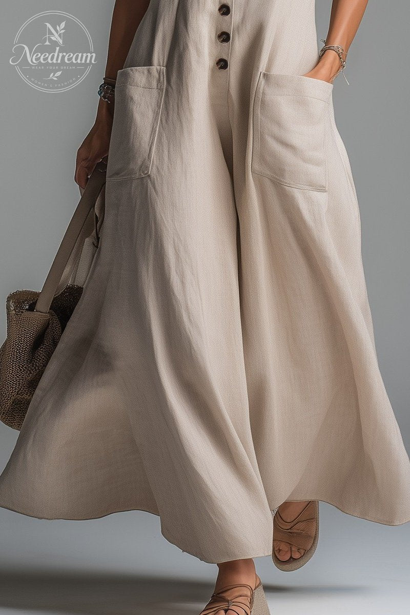 Pocket V-neck Solid Color Casual Dress