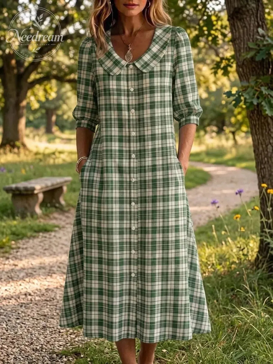 Clearance Sale🔥 Women's Retro Peter Pan Collar Stripe Print Cotton Linen Dress