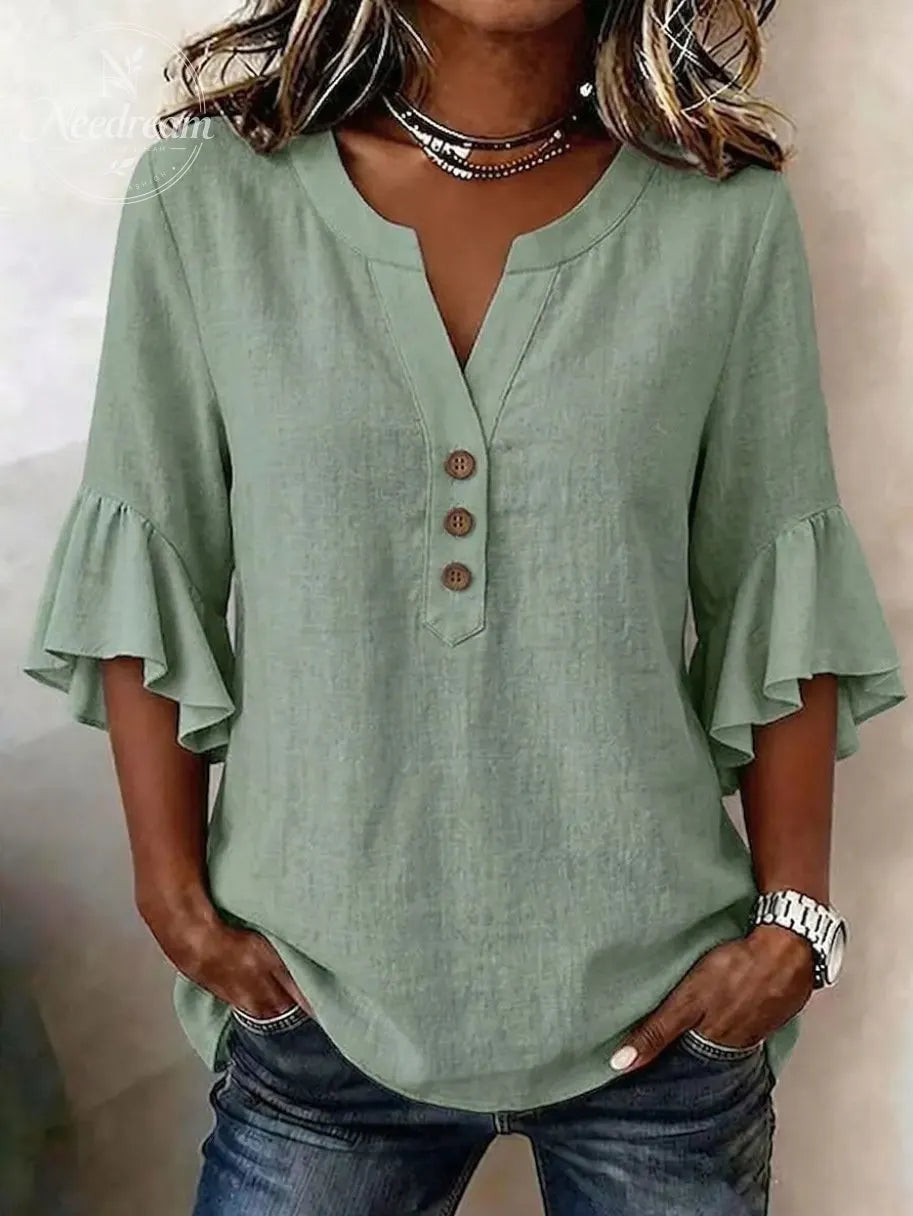 Women'S Solid-Color V-Neck 3/4-Sleeve Casual Loose Cotton-Linen Top