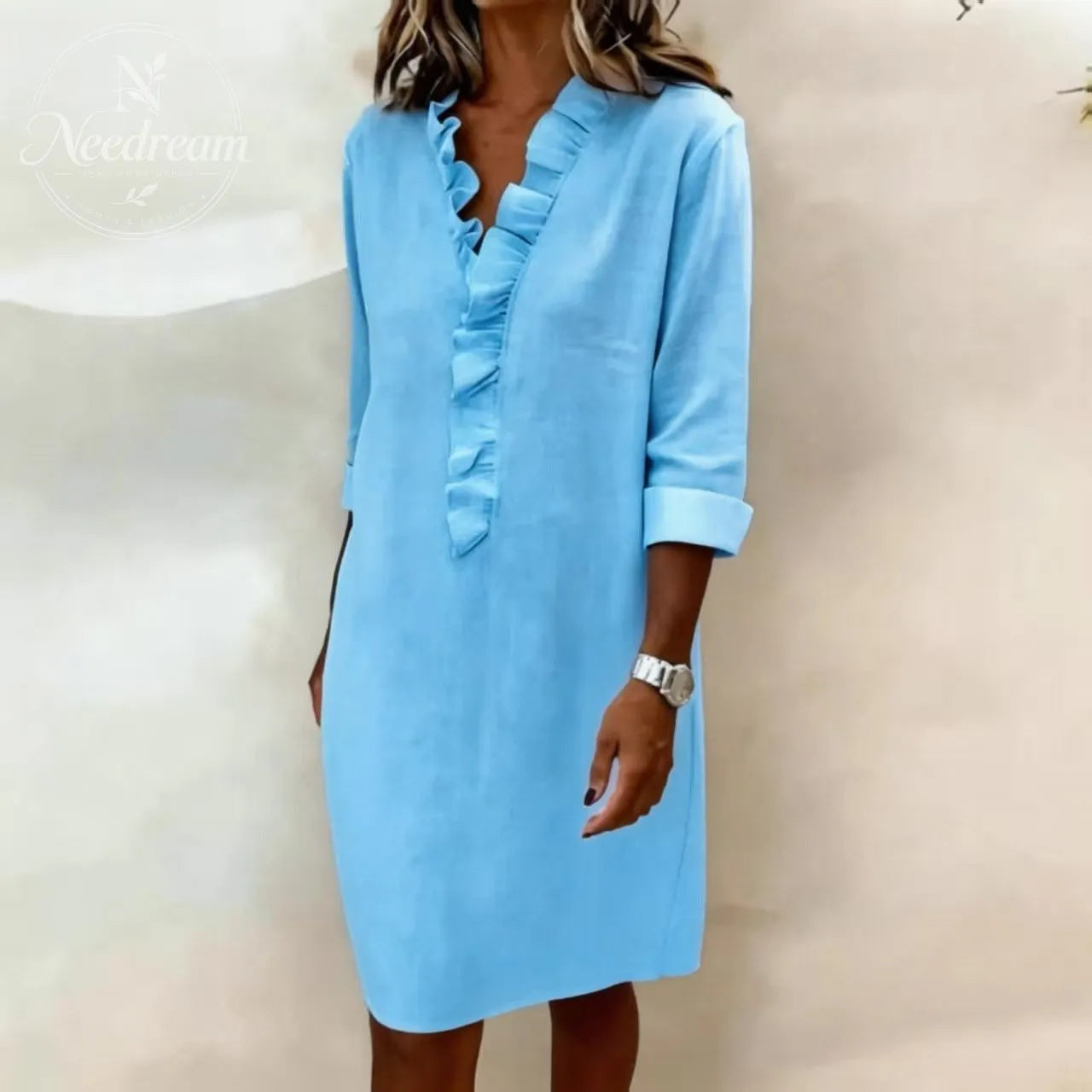 Ruffled V-Neck Solid Color Dress