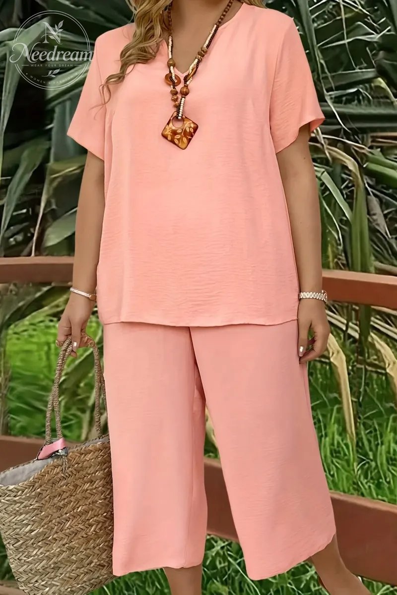 Elegant Plus Size Women's Solid Color Short Sleeve Fashion Top & Casual Wide Leg Pants Set