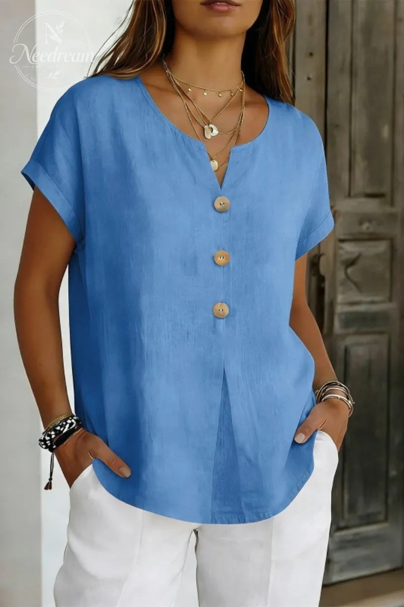Decor Button Short Sleeve Blouse