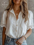 Vintage-Inspired Lace Trim White Blouse