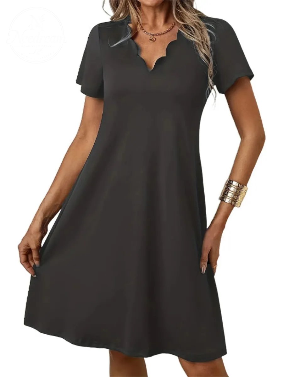 Women's Scalloped V-Neck High Waist Solid Color Dress