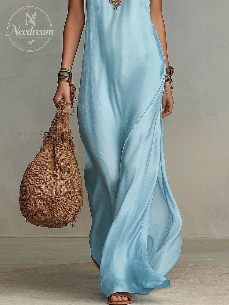 Chic  Bohemian Sky Blue Halter Maxi Dress