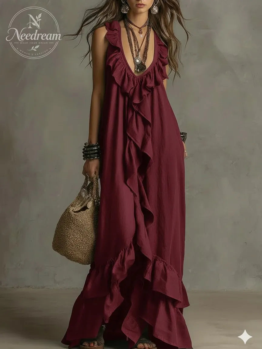 Elegant Bohemian V Neck Ruffle Maxi Dress
