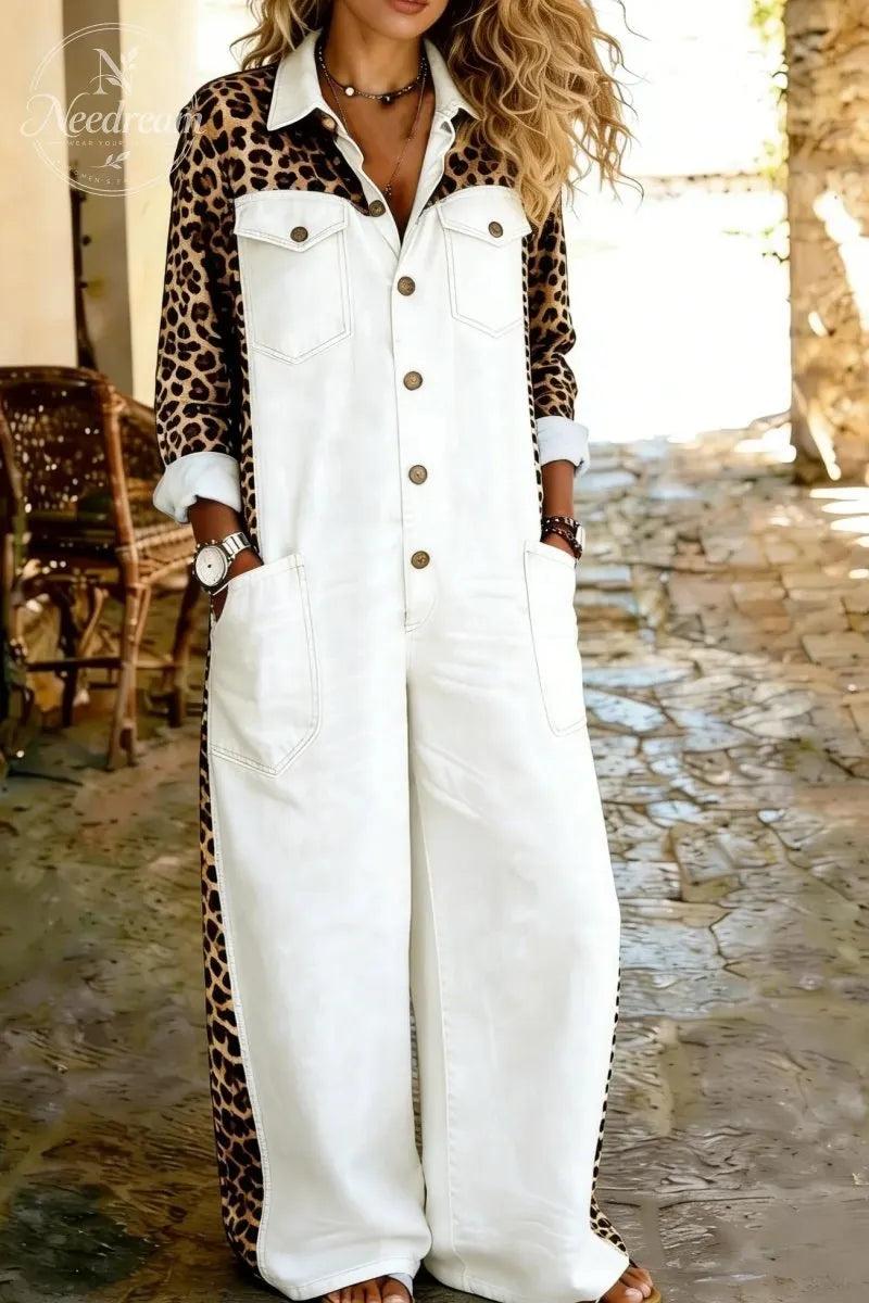Women's Casual Long-Sleeved Pocket Leopard Print Denim Jumpsuit