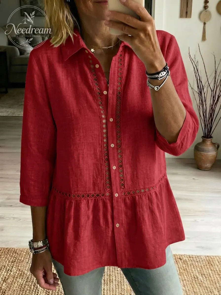 Women’s Casual Patchwork Openwork Webbing Linen And Cotton Shirt