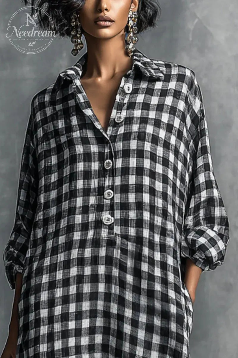 Women's Casual Black And White Checkered Shirt-style Long Dress