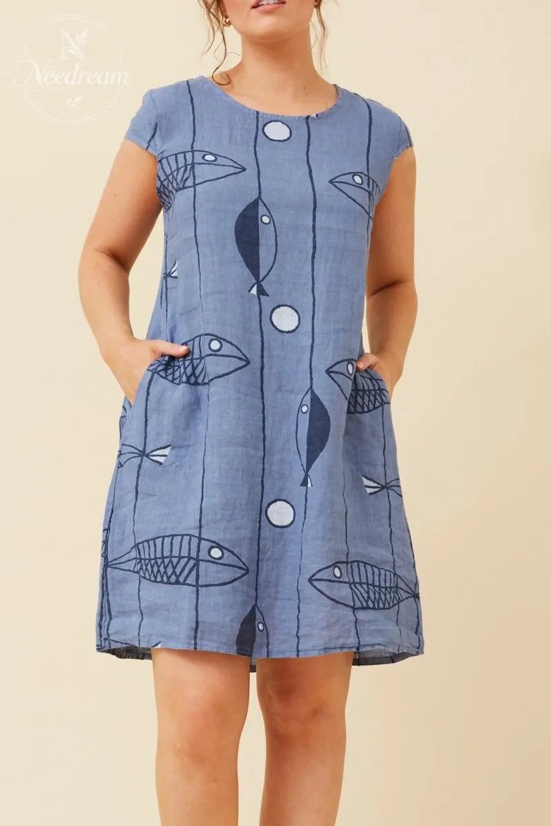 Sisley Fish Patten Linen Dress