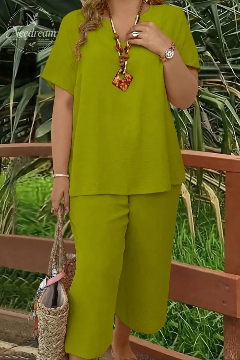 Elegant Plus Size Women's Solid Color Short Sleeve Fashion Top & Casual Wide Leg Pants Set