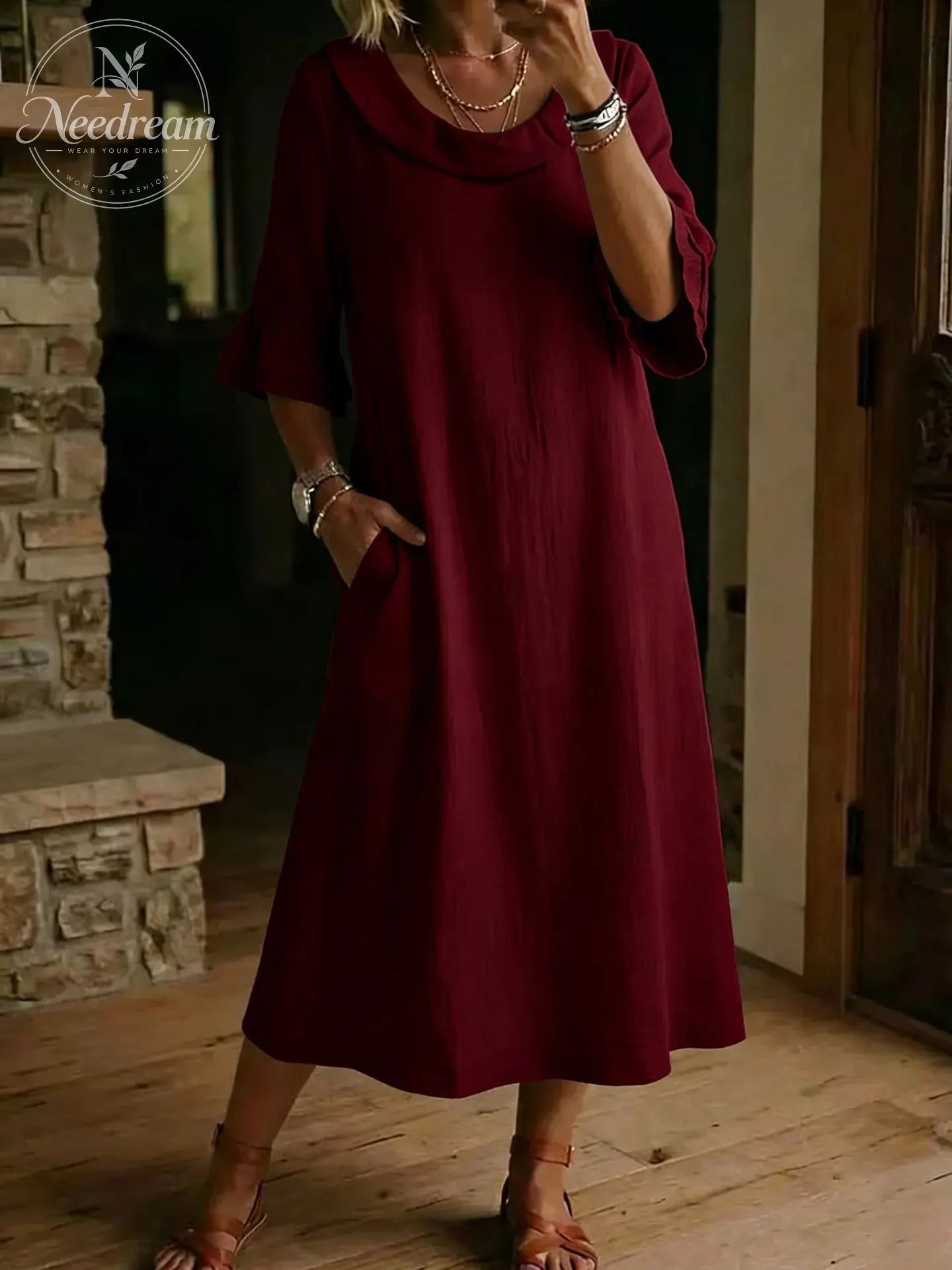 Cotton Linen Neck Ruffle Casual Dress