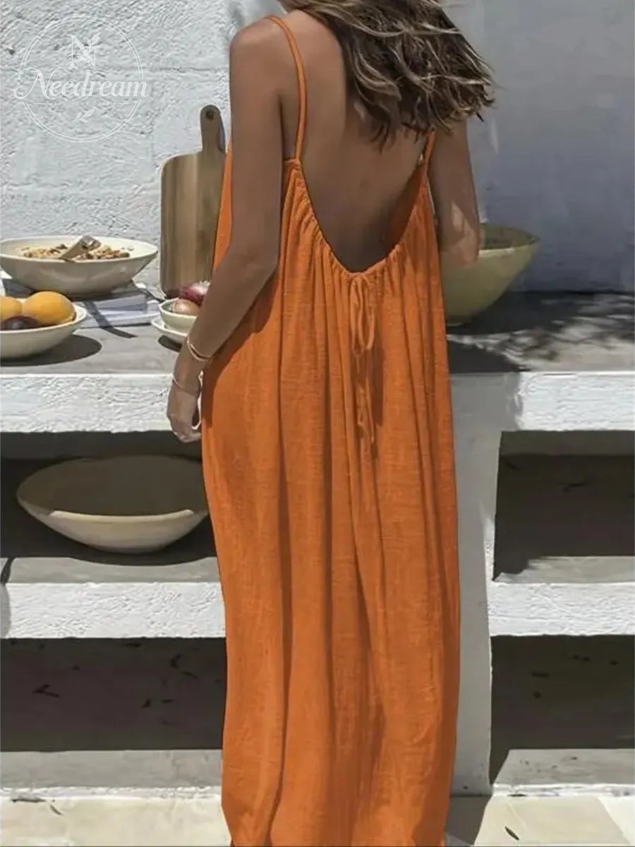 Women'S Solid-Color Camisole Loungewear, Elegant Sleeveless Maxi Dress