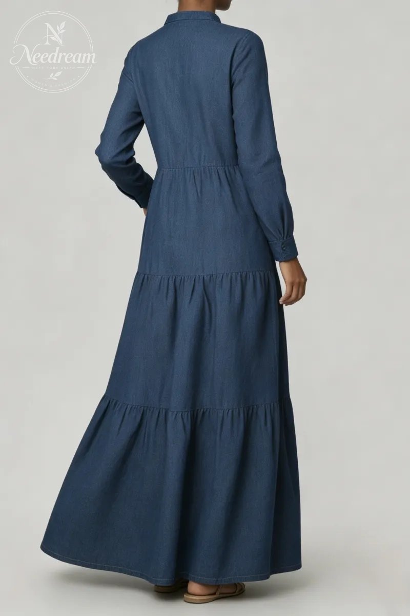 Women's Casual Long-Sleeved Single-Breasted Denim Maxi Dress