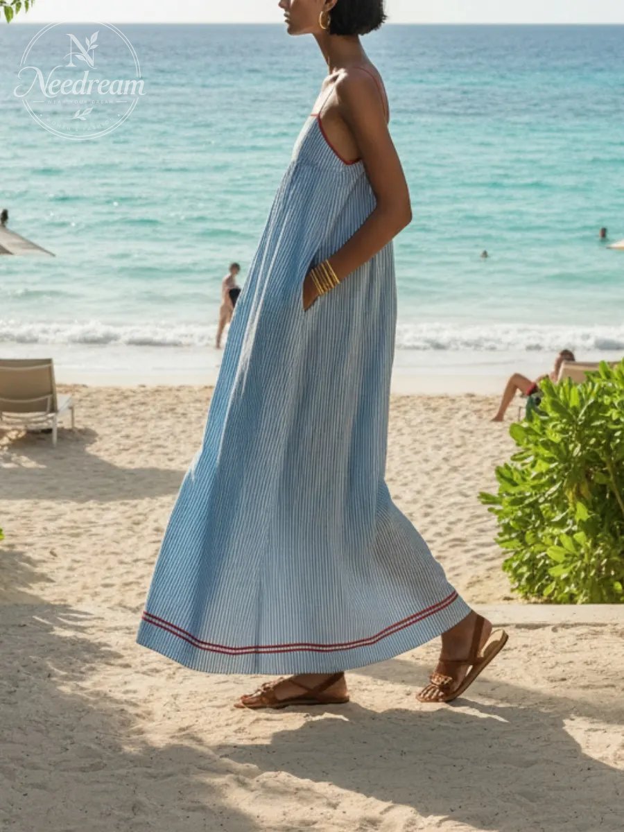 Women's Minimalist Striped Maxi Dress With Red Trim And Spaghetti Straps