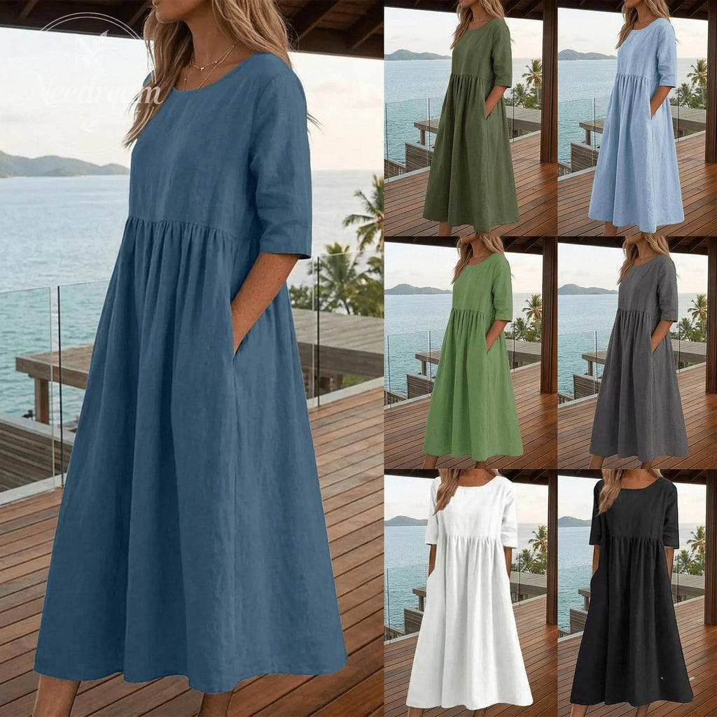 Women's Summer New Cotton and Linen Casual Short Sleeve Pocket Fold Loose Round Neck Dress