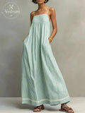 Women's Minimalist Striped Maxi Dress With Red Trim And Spaghetti Straps