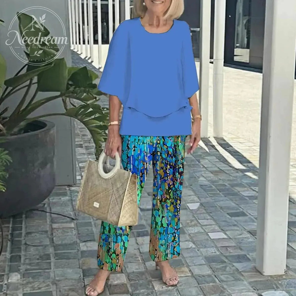 Women's Round Neck Mid-Sleeve Top With Floral Print Pants Set Two-Piece