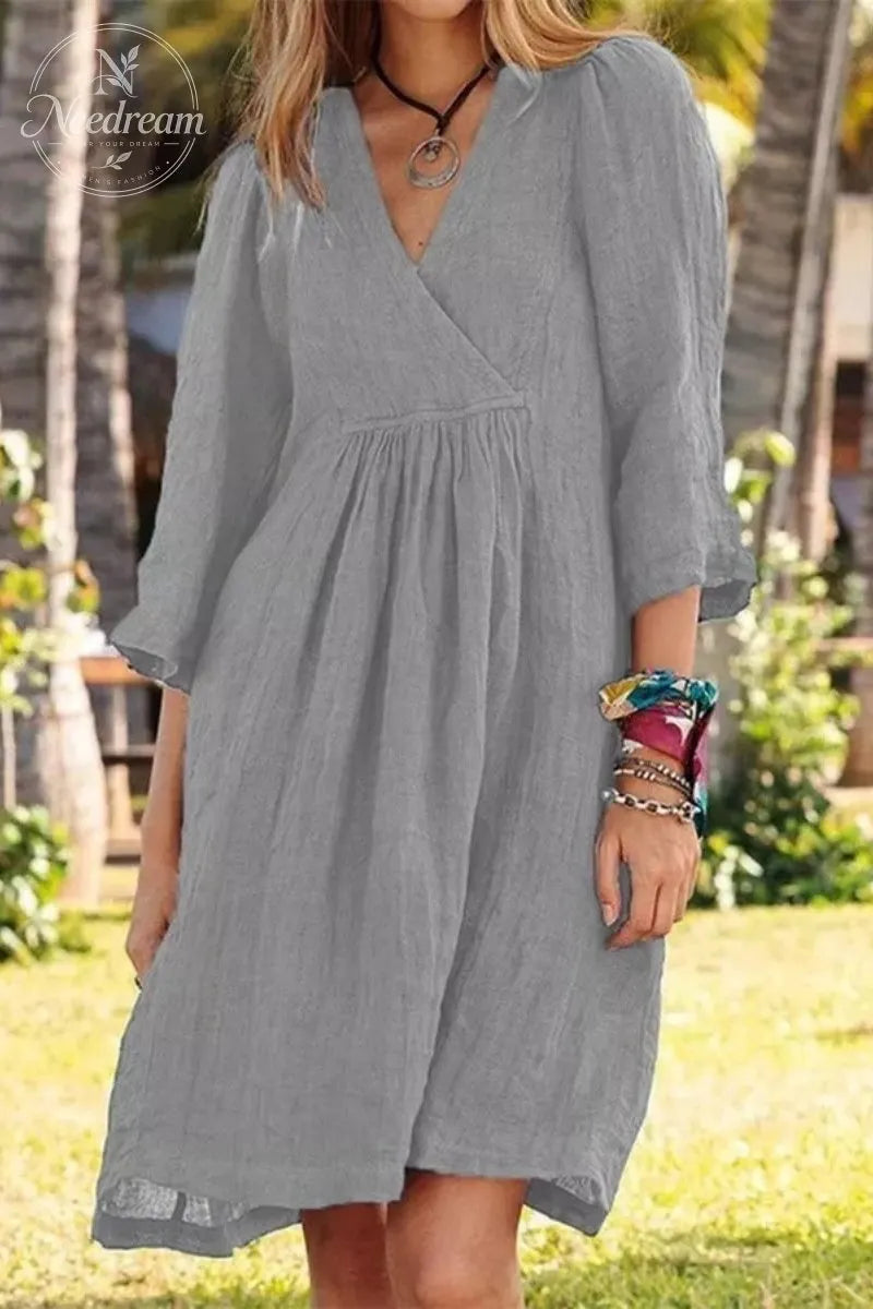 Solid Color Loose Non-Elastic Cotton and Linen Dress
