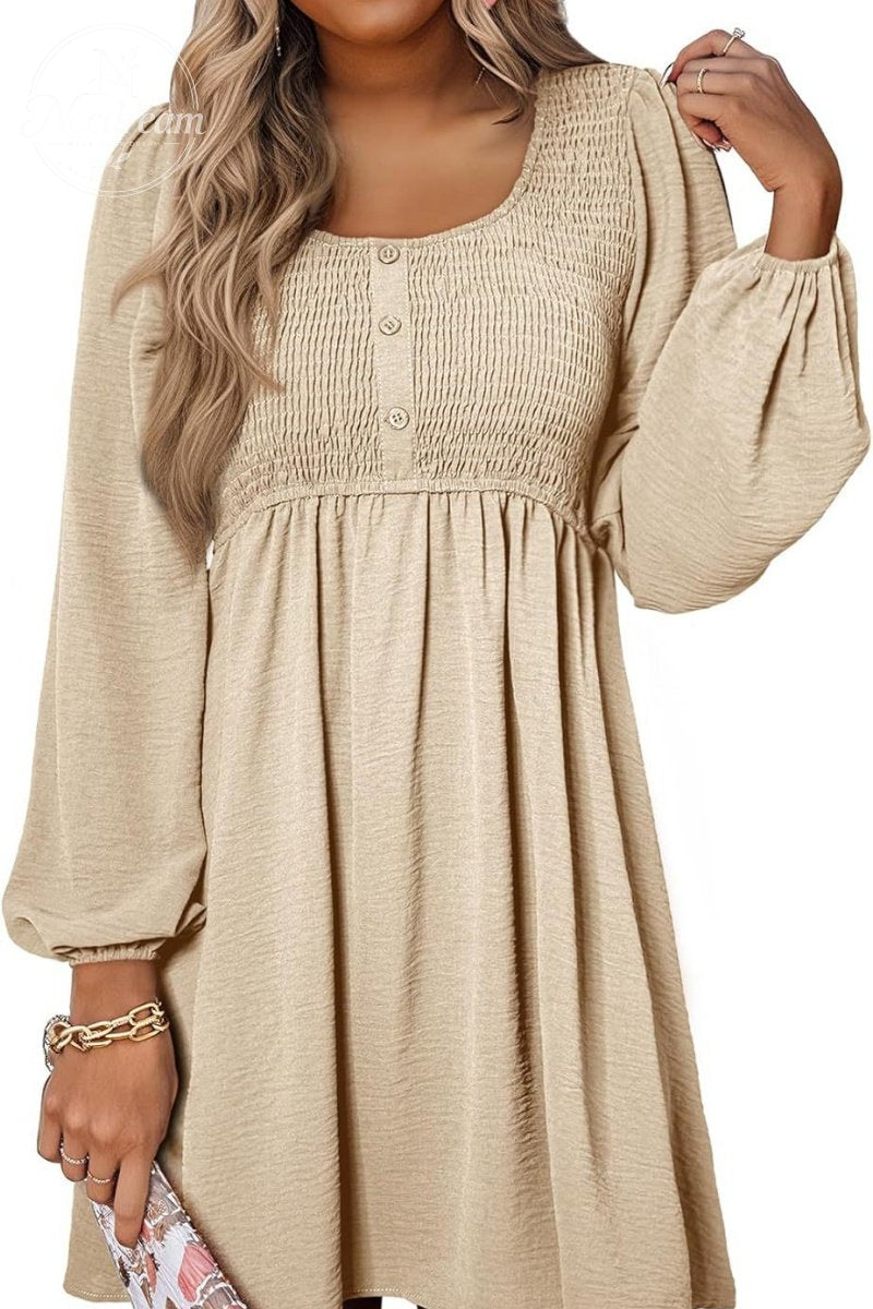 Smocked Crewneck Button Up Long Sleeve Empire Waist A-Line Mini Dress