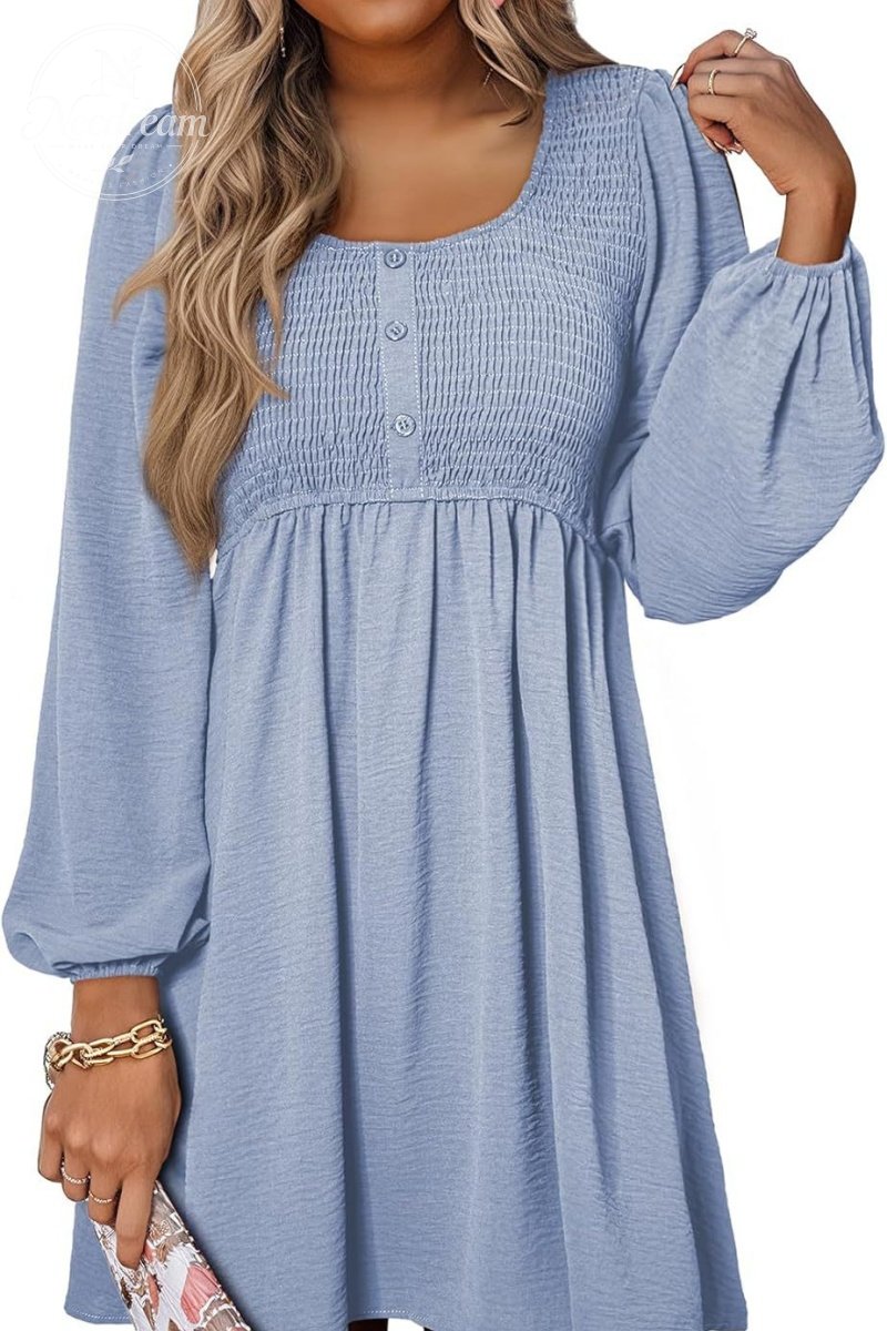 Smocked Crewneck Button Up Long Sleeve Empire Waist A-Line Mini Dress
