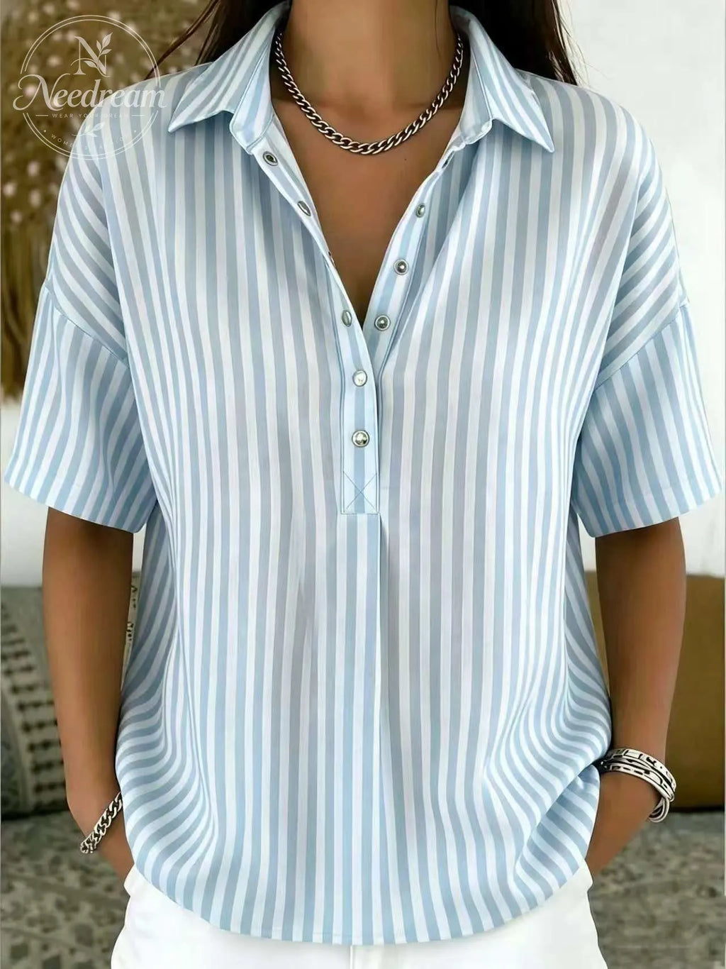 Women‘s Casual Striped Polo Collar Snap Buttons Cotton-linen Shirt