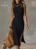 Stand-collar Split-hem Cotton And Linen Midi Dress