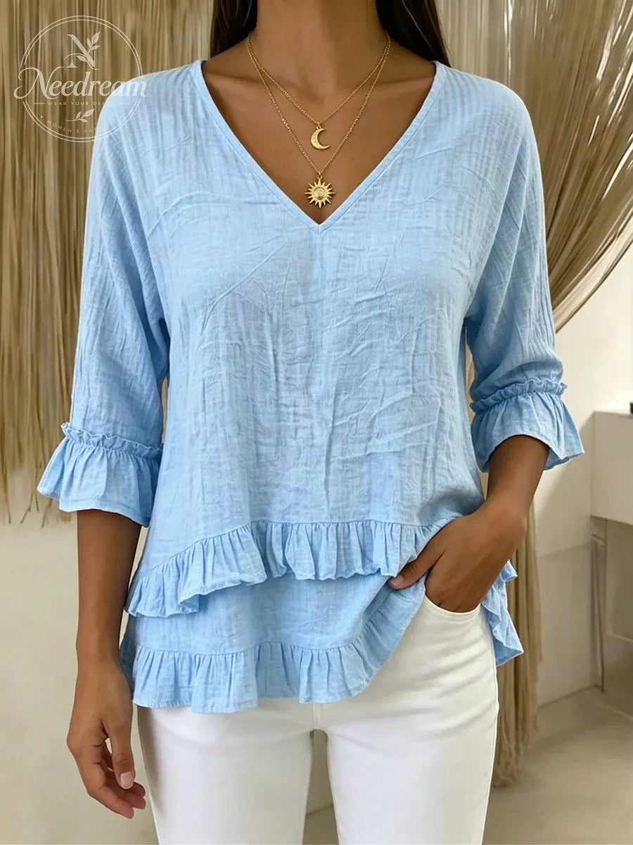 Women's V-Neck Cotton-Linen Top with Ruffled Hem