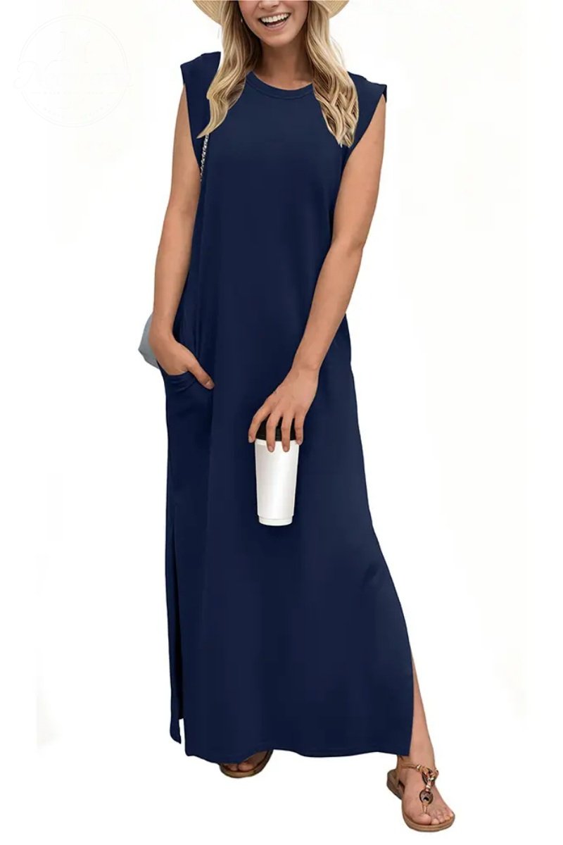 Women Summer Round Neck Casual Loose Split Wrinkle-Free Long Maxi Vacation Dress with Pockets