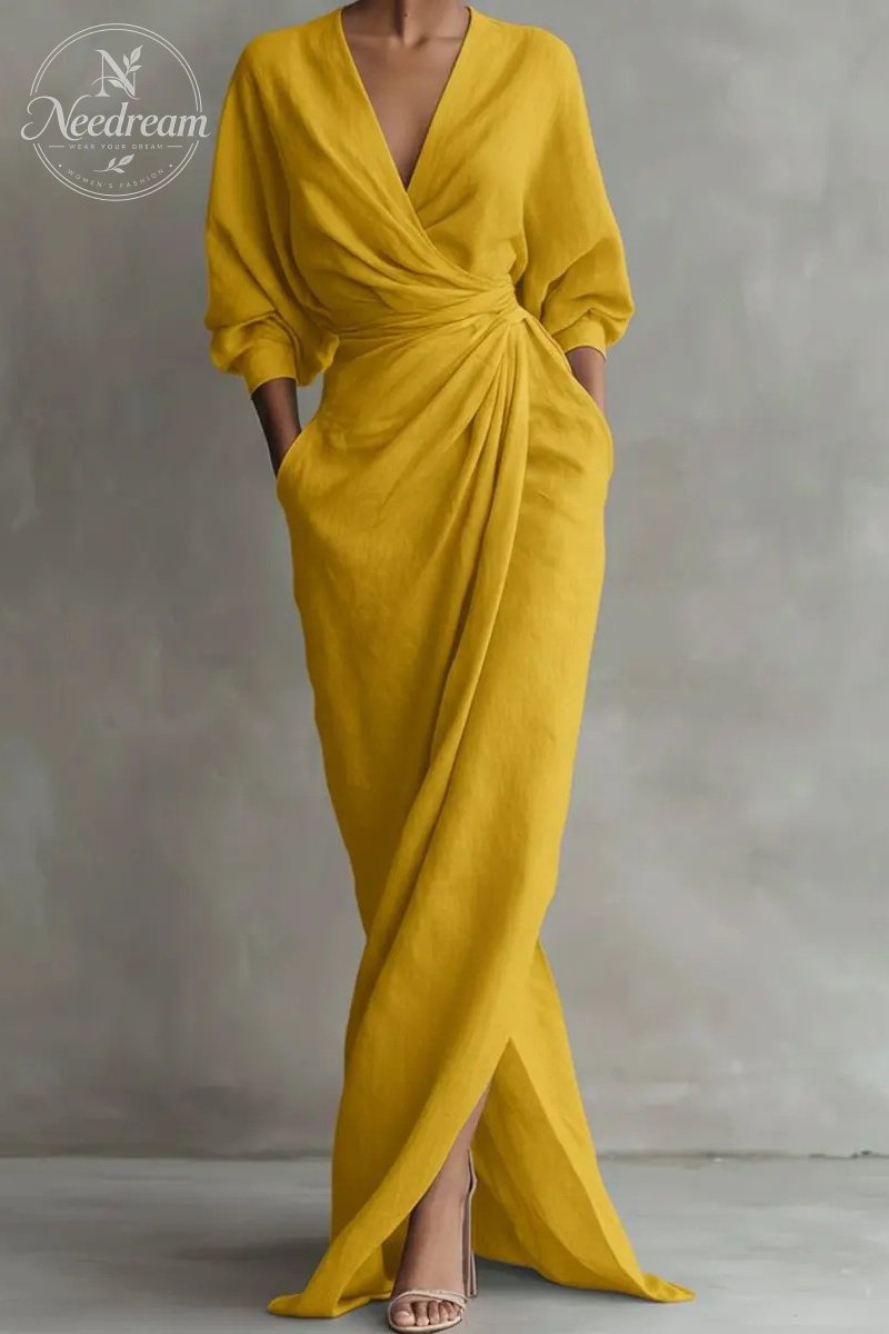Women'S Pink Minimalist V-Neck Linen Blend Maxi Dress