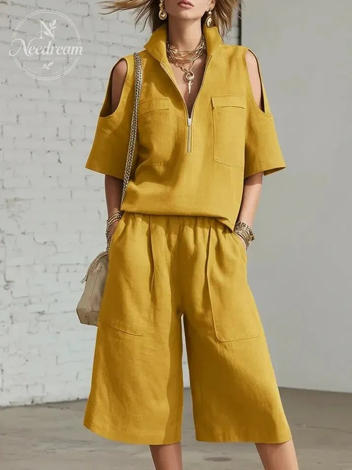 Stand-Up Collar Zipper Off-Shoulder Short-Sleeved Top And Cropped Wide-Leg Pants Two-Piece Set