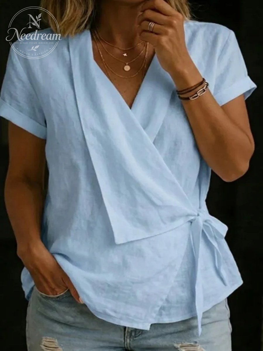 Cotton And Linen Wrap Detail V Neck Short Sleeve Irregularly Shaped Hem Casual Blouse