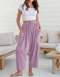 Womens Linen Wide Leg Pants Casual Loose Beach Palazzo Harem Pants with Pockets Summer Outfit