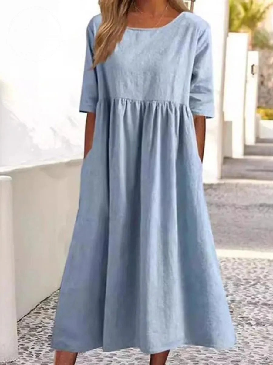 Women's Summer New Cotton and Linen Casual Short Sleeve Pocket Fold Loose Round Neck Dress