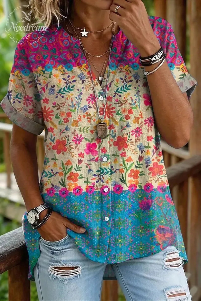 Ethnic-style patchwork floral print women's casual cotton and linen shirt