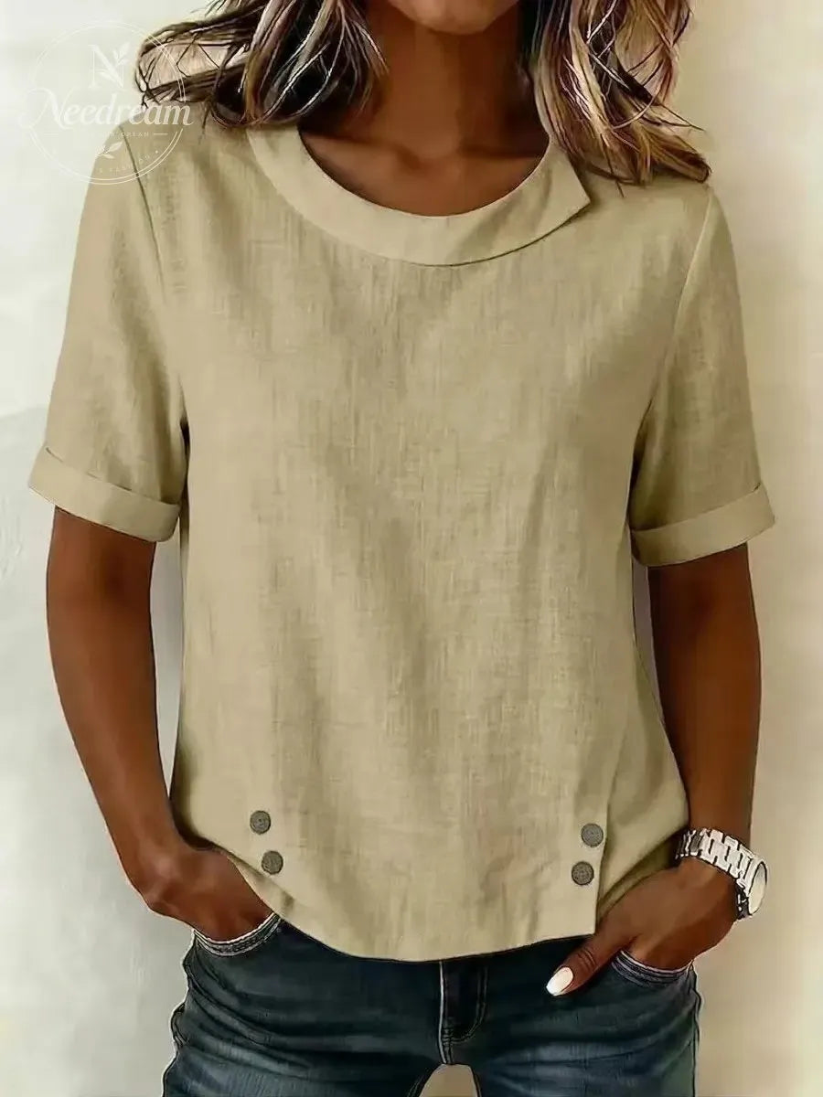 Cotton And Linen Plain Short Sleeve Round Neck Button Casual Top