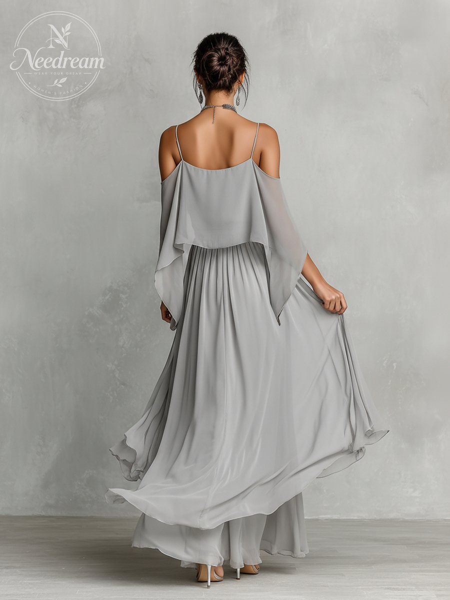 Women's Grey Breathable Chiffon Set With Cold-Shoulder Detail & Flared Silhouette, Contemporary Luxury-Feminine Style Set