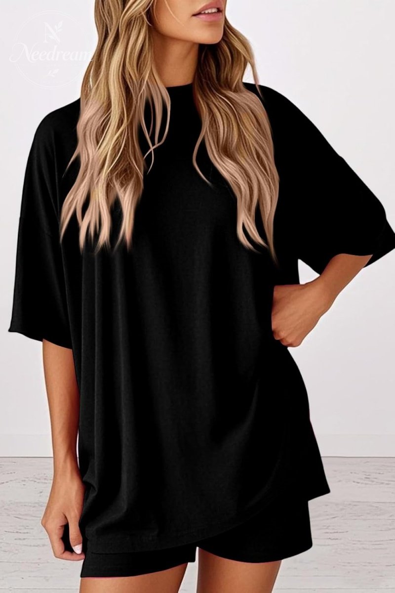 Women 2 Piece Outfits Crew Neck Oversized Tshirts and Biker Shorts with Pocket Matching Lounge Sets