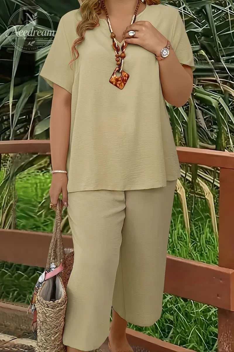 Elegant Plus Size Women's Solid Color Short Sleeve Fashion Top & Casual Wide Leg Pants Set