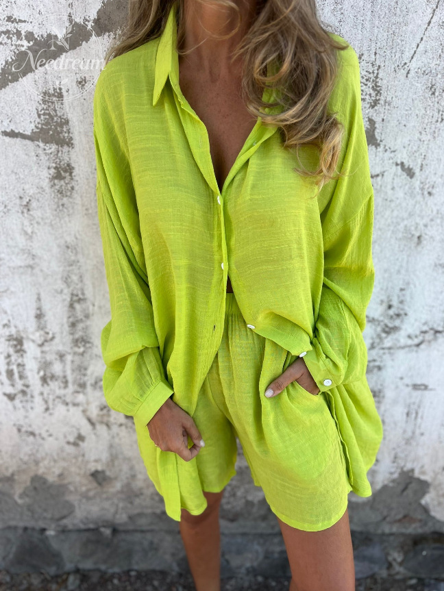 Women'S Casual Solid Color Cotton And Linen Shorts Long Sleeve Wrinkled Shirt Two Piece Set